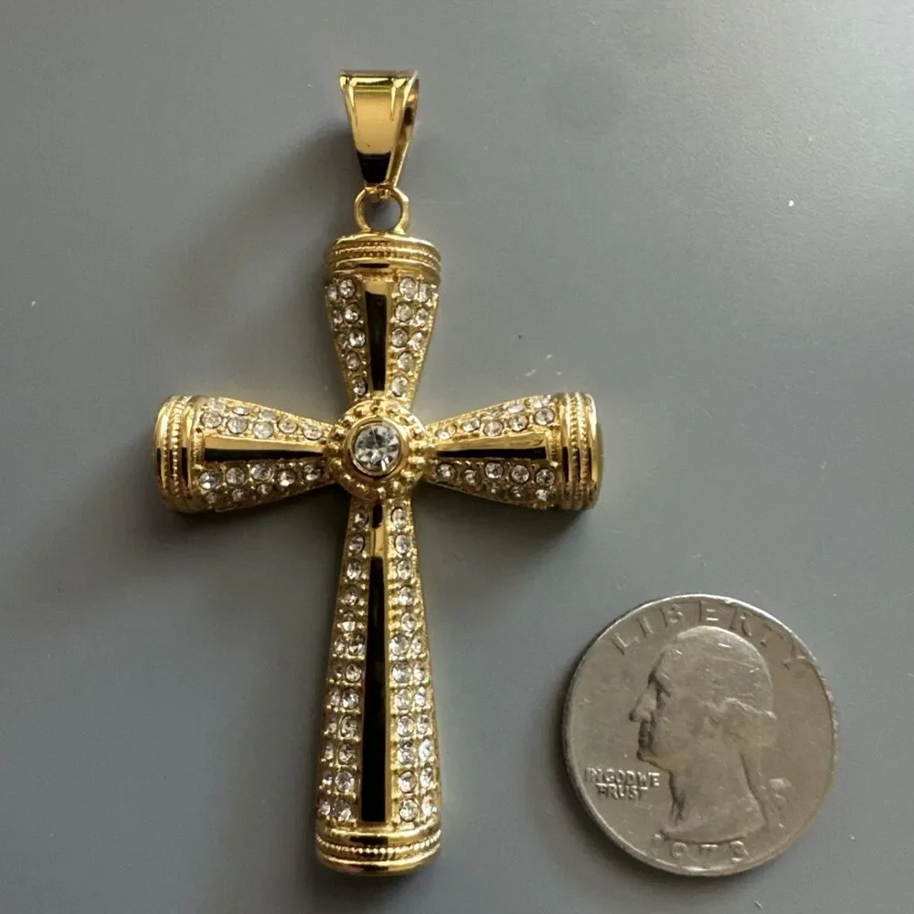 Cross Pendant Cubic Zirconia 24” Chain Gold Tone Stainless Steel Gift Jesus